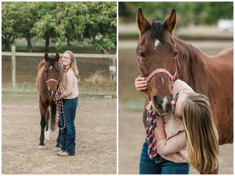 Bay Mare and girl hugging