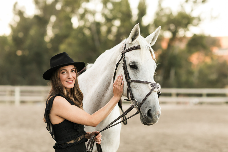 Grey Show jumping mare and woman in black dress at Oak Park Equestrian by Elizabeth Hay Photography, California Equine Photographer