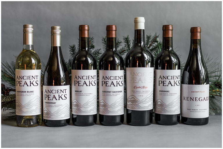 Ancient Peaks Winery wine collection line up with holiday styling