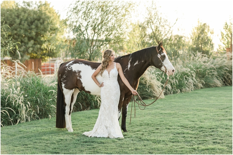 Bride and black and white paint gelding at the Barn at Ellis Ranch
