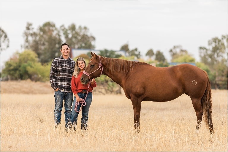 Clovis California Equine Photography session with Ashley, her sorrel mare, and husband by Elizabeth Hay Photography