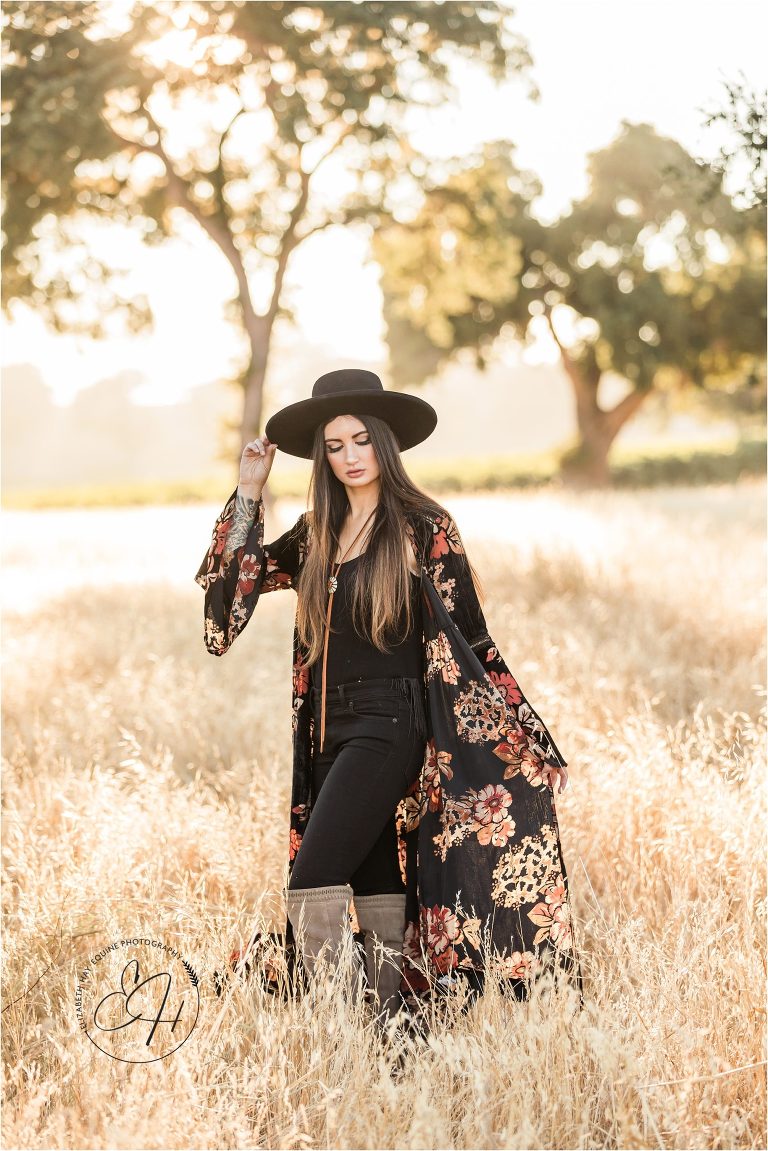 boho western model in a golden field in Santa Margarita California at the 2018 Elizabeth Hay Photography Workshop