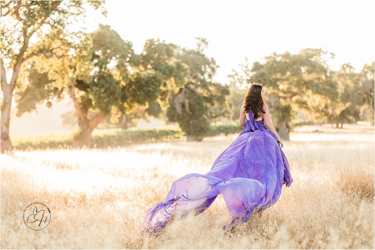model wearing a purple parachute dress riding a dark horse in a golden field during an equine photography workshop