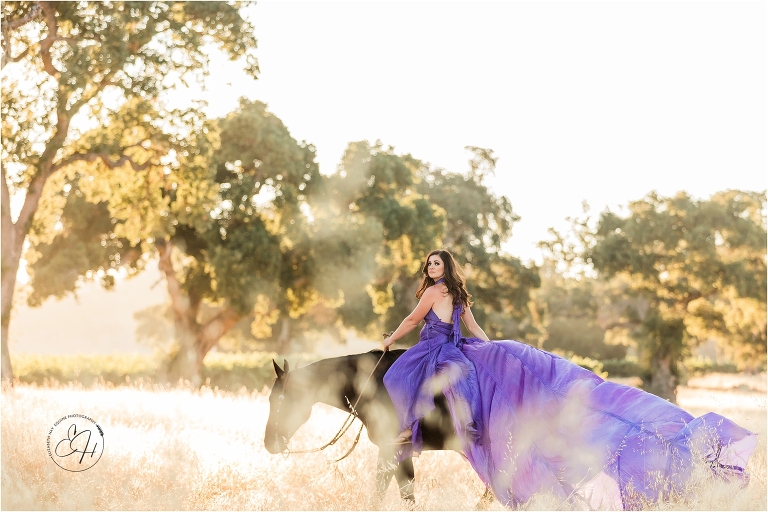 woman wearing a purple parachute dress riding a dark horse in a golden field during an equine photography workshop