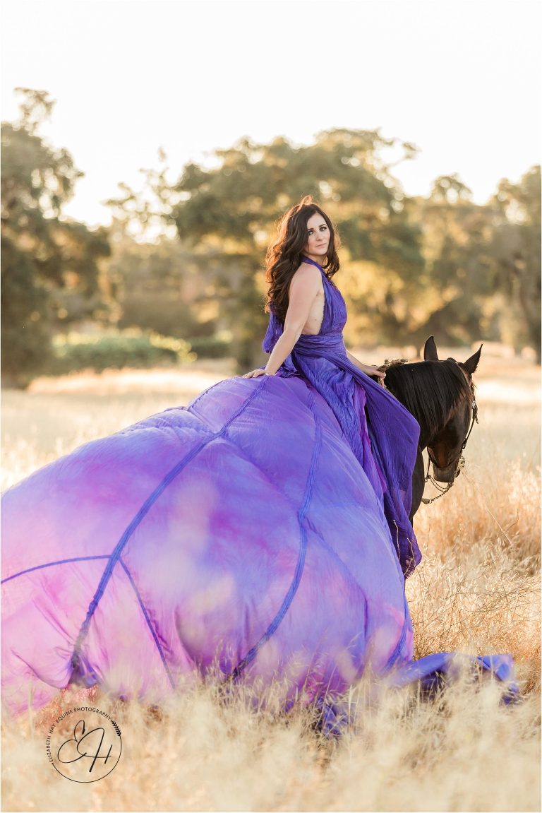 woman wearing a purple parachute dress riding a dark gelding in a golden field during an equine photography workshop