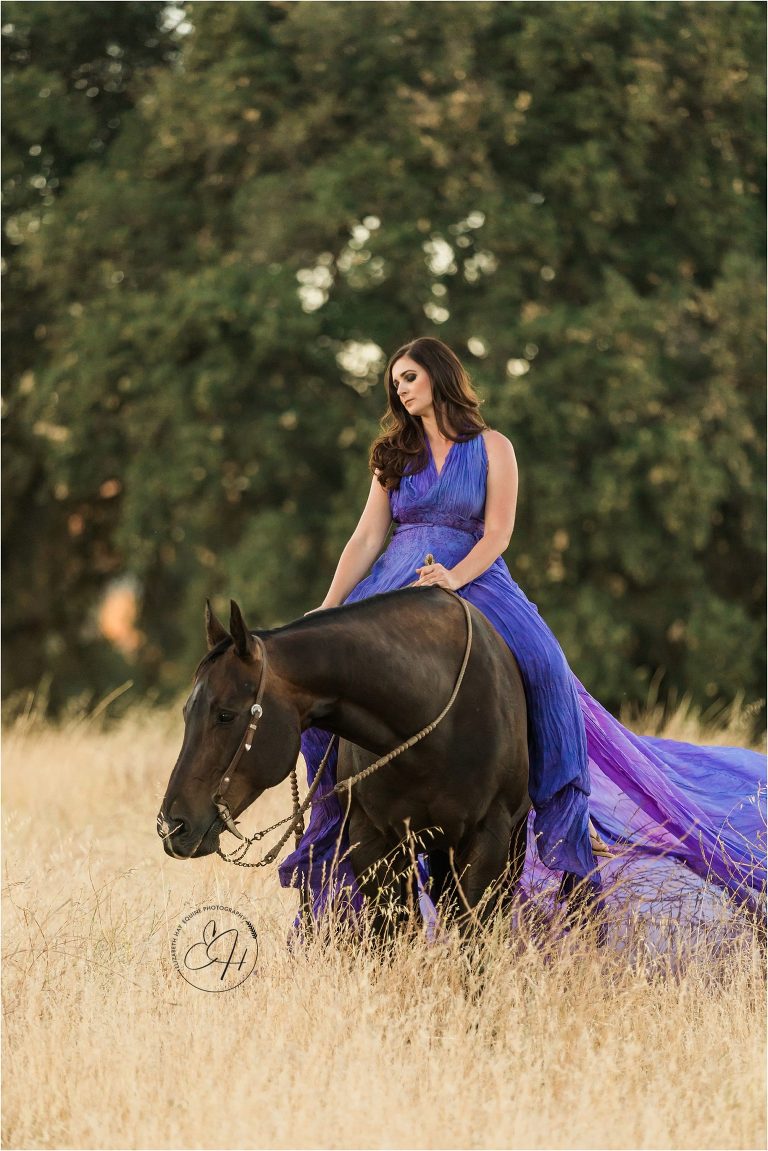 woman sitting on a black horse in a purple parachute dress during a California Equine Photography Workshop