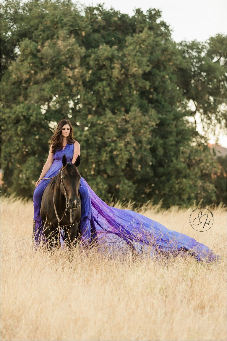 equine photography model wearing a purple parachute dress by Alice Andrews Designs shot by Elizabeth Hay Photography