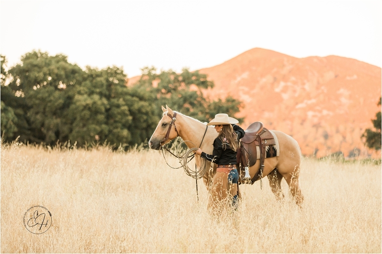 palomino horse and cowgirl in a golden field shot by California Equine Photographer Elizabeth Hay Photographer