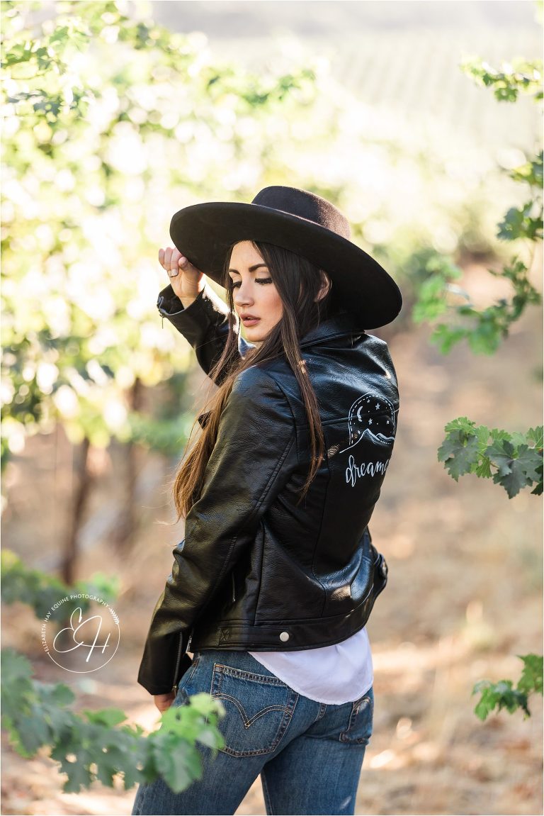 model wearing a leather hand-painted jacket at the 2018 Elizabeth Hay Photography workshop at Oyster Ridge wedding venue in Santa Margarita, California.