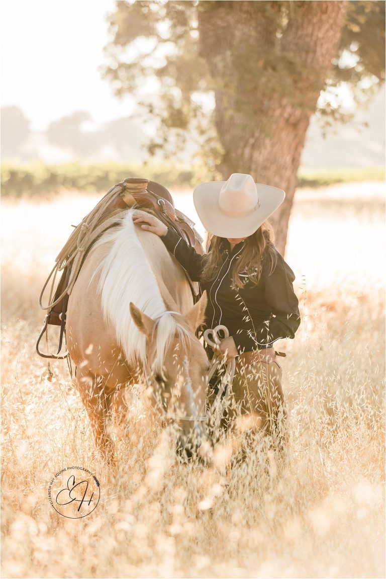 palomino horse and California cowgirl  at the 2018 Elizabeth Hay Photography workshop at Oyster Ridge in Santa Margarita, California.