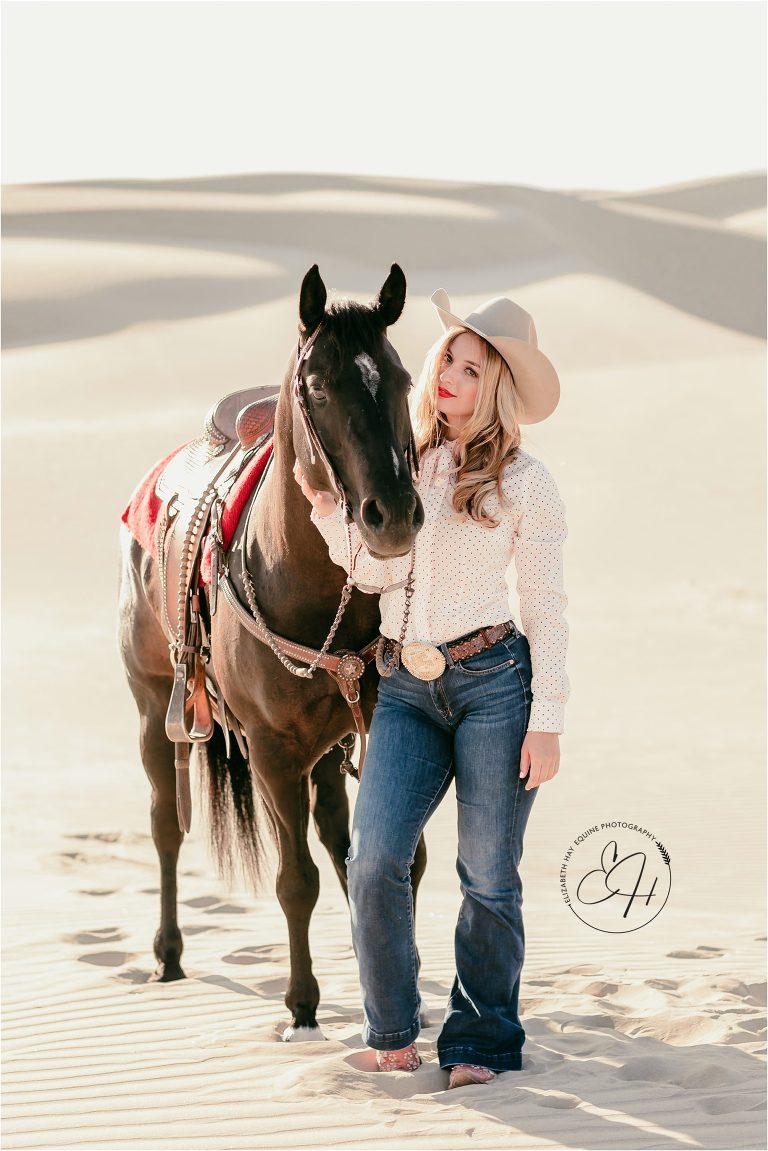 Equine Photography Workshop with Elizabeth Hay Photography in Pismo Beach California with cowgirl and black mare