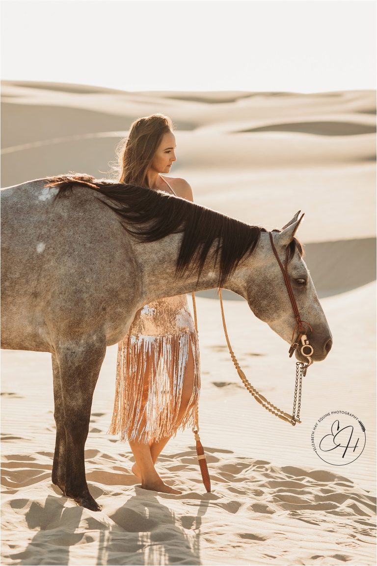 Equine Photography Workshop with Elizabeth Hay Photography in Pismo Beach California with woman and grey mare