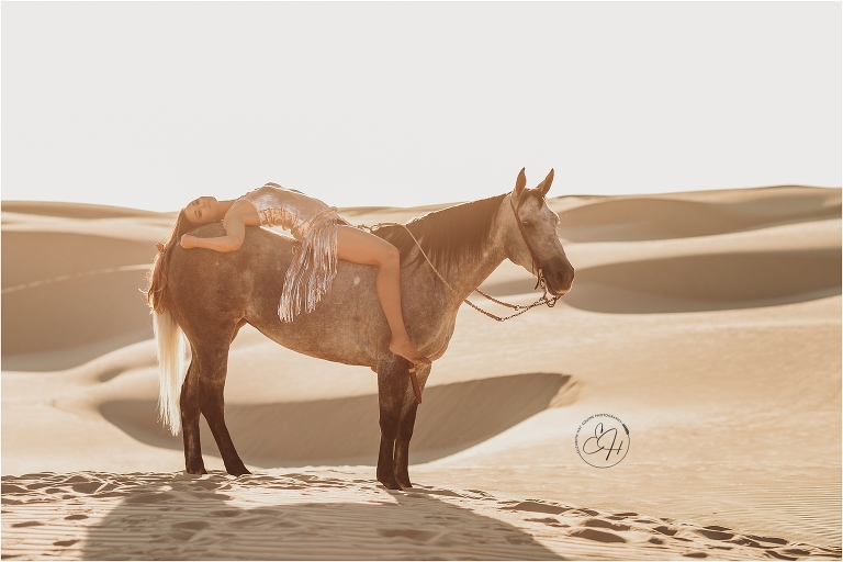 Equine Photography Workshop with Elizabeth Hay Photography in Pismo Beach California with woman in sequin dress and grey mare
