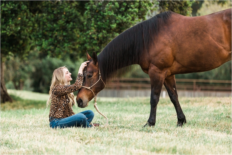 woman sitting and petting bay horse by California Equine Photographer Elizabeth Hay Photography
