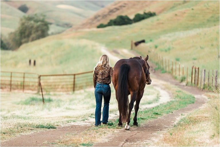 woman walking a bay horse by California Equine Photographer Elizabeth Hay Photography