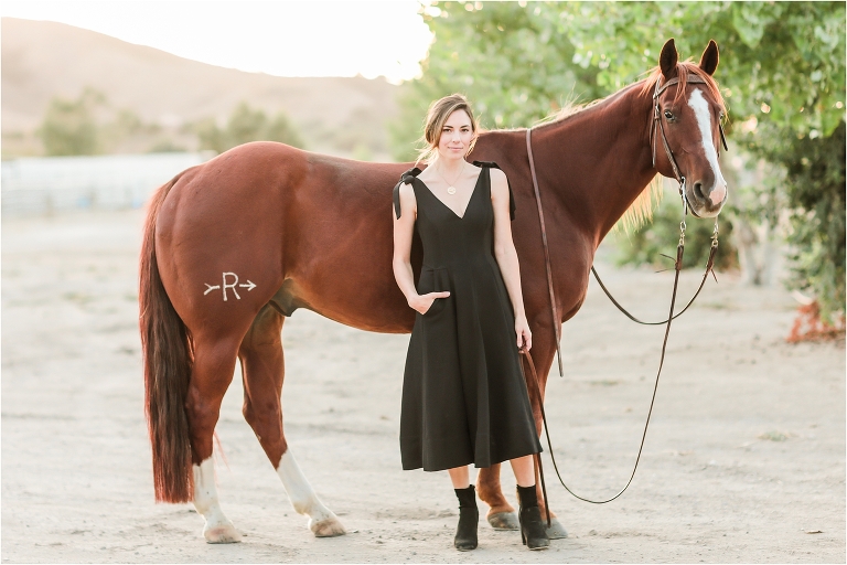 Los Alamos Equine Photography session with woman in black crepe dress and sorrel gelding photographed by Elizabeth Hay Photography