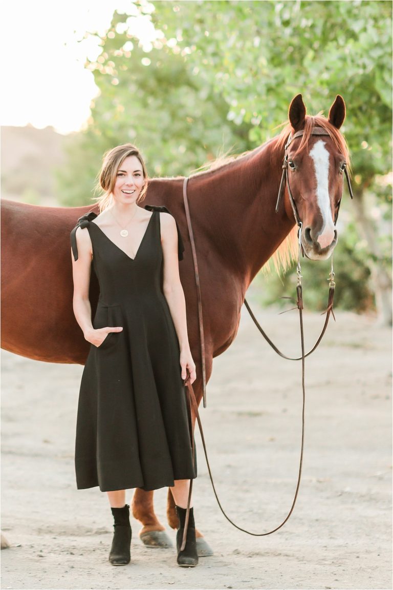 woman in black crepe dress with sorrel gelding by California Equine Photographer Elizabeth Hay Photography