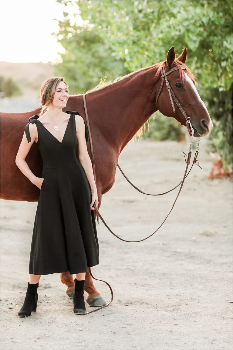 girl in black crepe dress with sorrel gelding by California Equine Photographer Elizabeth Hay Photography