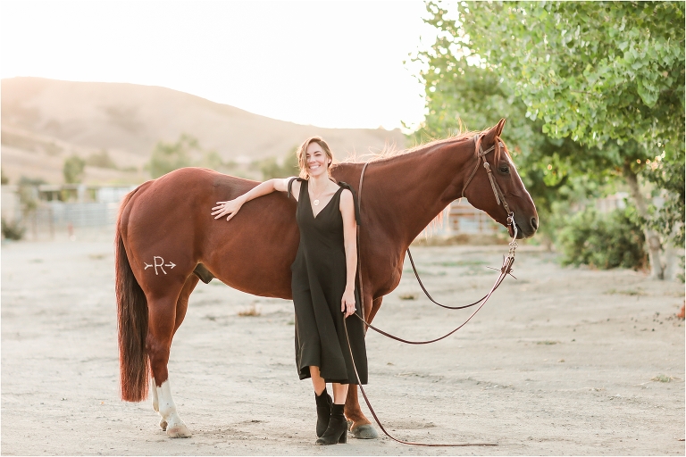 woman in black crepe dress with sorrel horse by California Equine Photographer Elizabeth Hay Photography