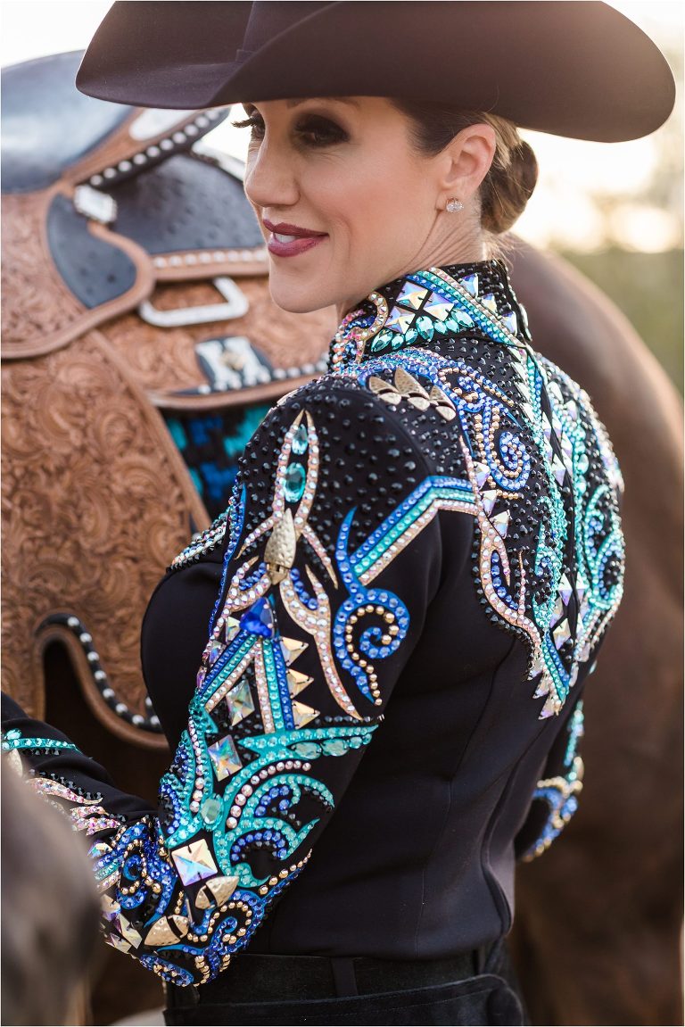 Arizona Sun Circuit Horse Show competitor Amy wearing Lindsey James Show Clothing by Elizabeth Hay Photography.