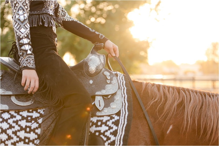 Bakersfield Equine Photography Session with California Equine Photographer Elizabeth Hay of blonde girl and chestnut gelding riding into sunset. 