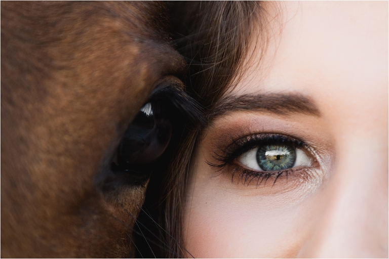 Horse eye and girl's eye up close by California Equine Photographer Elizabeth Hay Photography