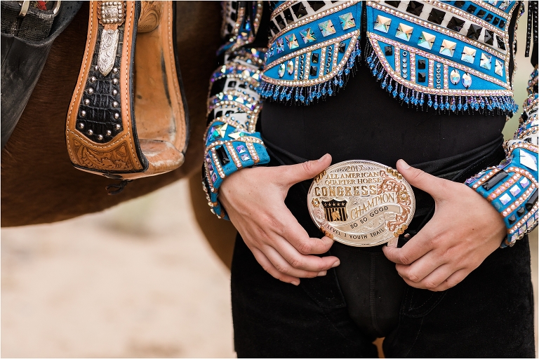 All American Quarter Horse Congress Champion belt buckle for Youth Trail classes by California Equine Photographer Elizabeth Hay Photography