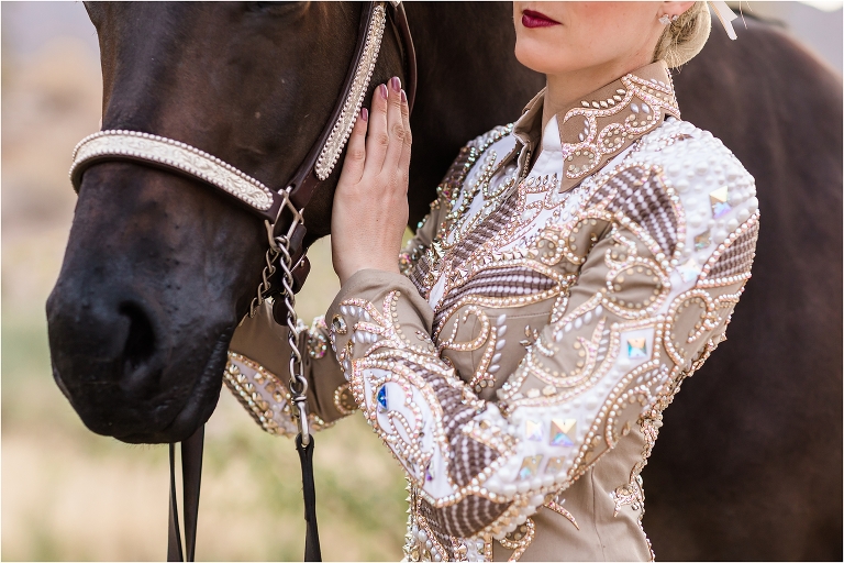 Swarovski gold and champagne colored AQHA Showmanship jacket made by Lindsey James Show Clothing by Elizabeth Hay Photography