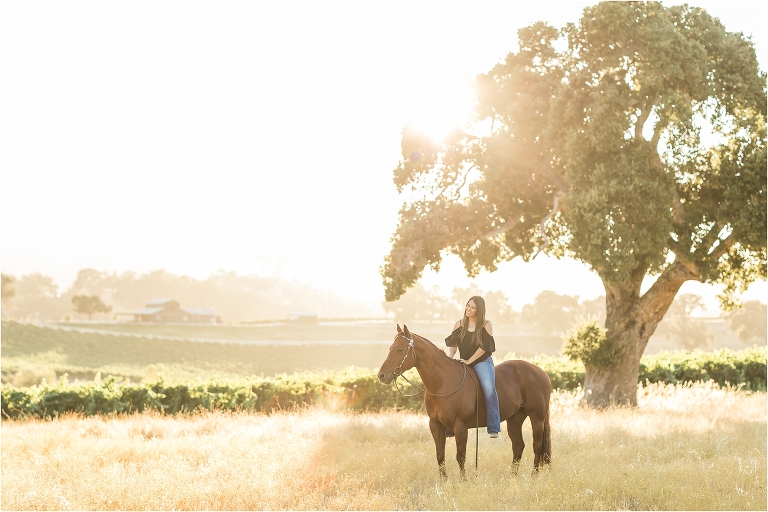 Cal Poly senior and her chestnut gelding photographed by Elizabeth Hay Photography at Oyster Ridge wedding venue in Santa Margarita, California. 