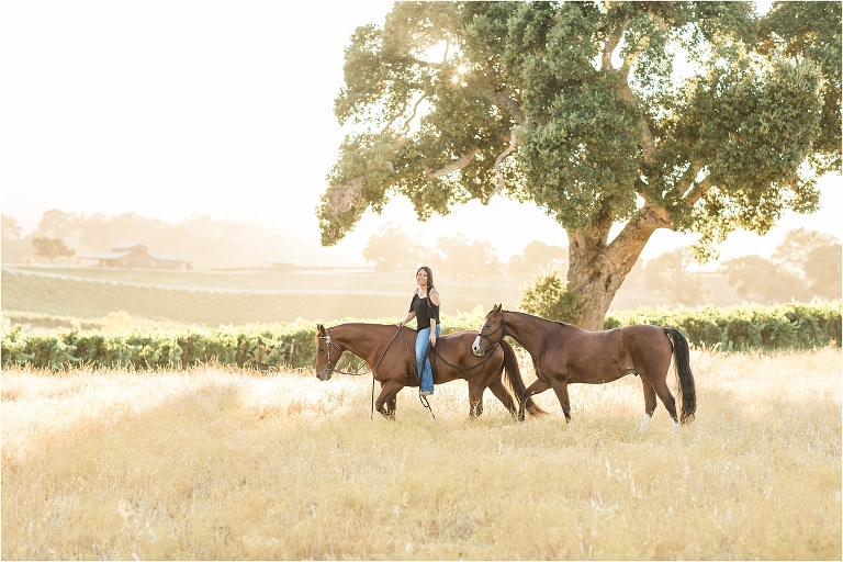 Cal Poly senior and her two horses photographed by Elizabeth Hay Photography at Oyster Ridge in Santa Margarita, California. 