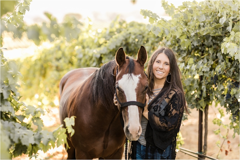 Oyster Ridge Equine session with girl and bay barrel horse in the vines by Elizabeth Hay Photography.