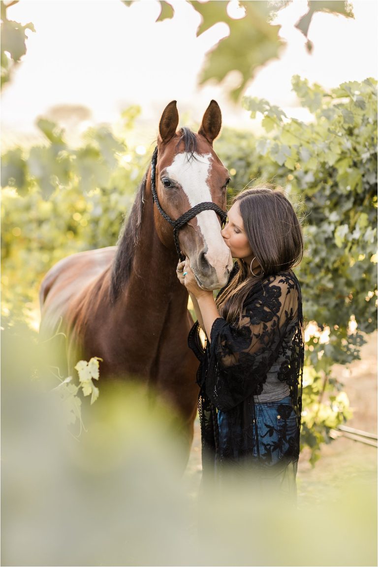 Oyster Ridge Equine session with girl and bay horse in the vineyards by Elizabeth Hay Photography.