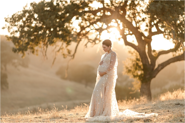pregnant woman wearing a nude colored star print dress by Elizabeth Hay Photography