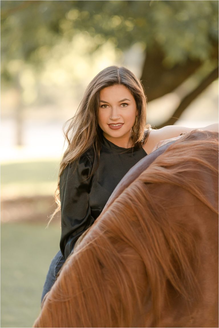 Cal Poly senior photography session with brunette girl and sorrel horse by California Equine Photographer Elizabeth Hay Photography