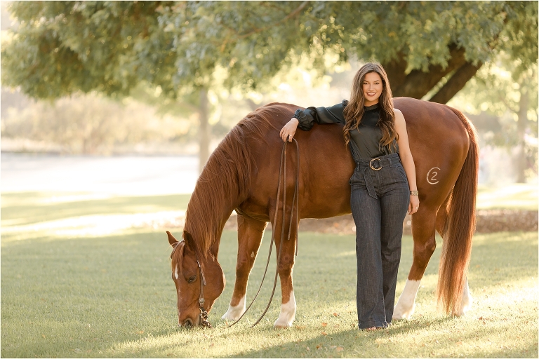 Cal Poly senior photography session with brunette girl and sorrel horse by California Equine Photographer Elizabeth Hay Photography