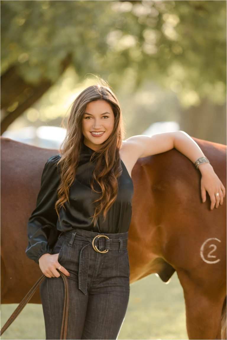 Cal Poly senior photography session with brunette girl and sorrel rodeo horse by California Equine Photographer Elizabeth Hay Photography