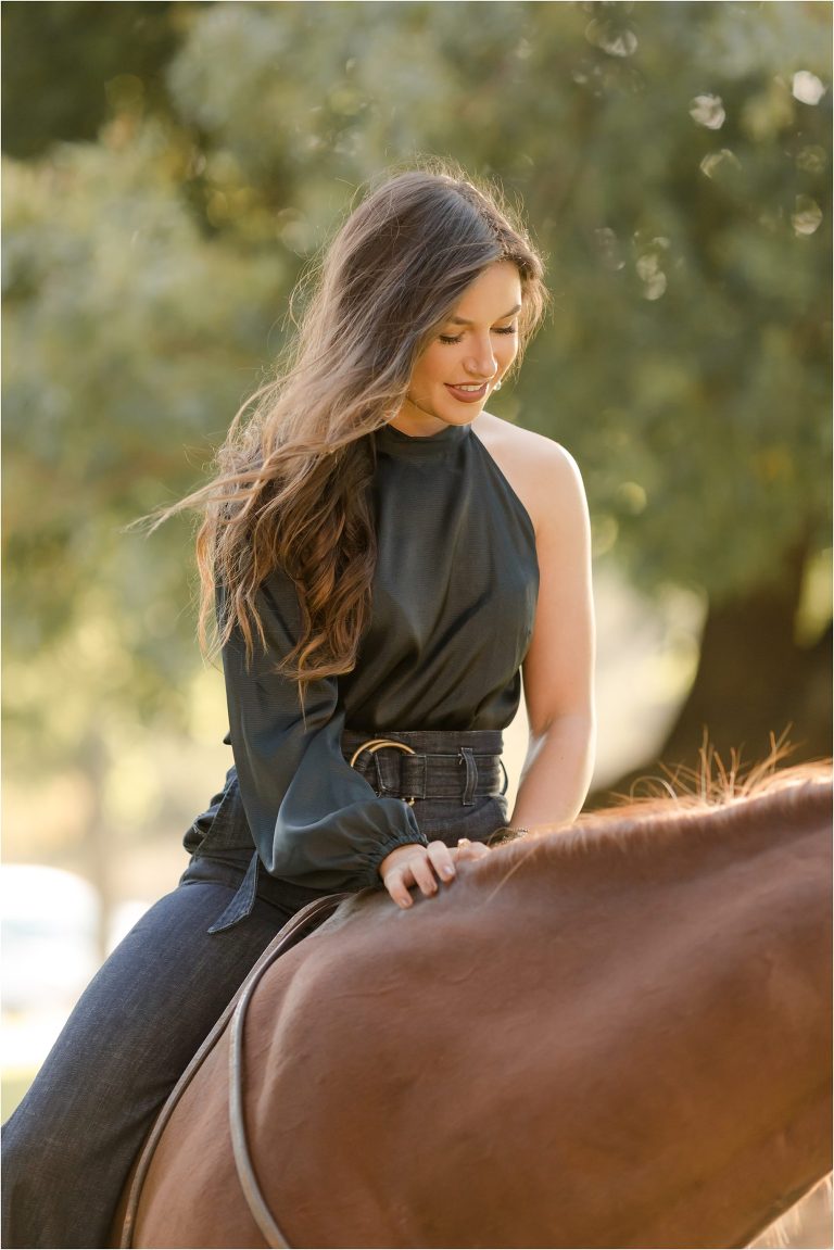 Cal Poly senior photography session with brunette woman and sorrel horse by California Equine Photographer Elizabeth Hay Photography