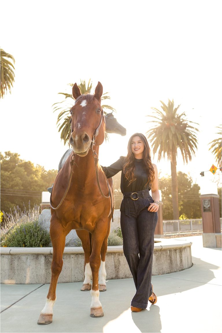 Cal Poly Senior Photography session by Cal Poly Mustang statue near the football field