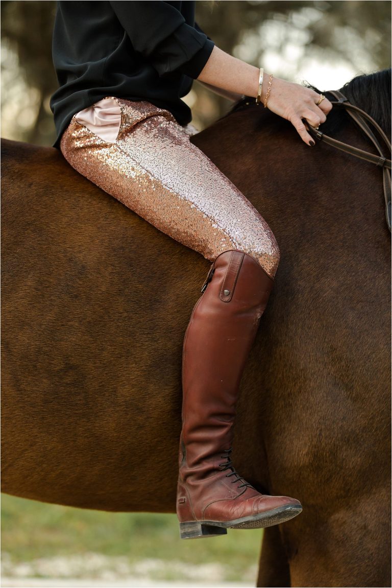 Equestrian style rose gold sparkle breeches and brown tall boots
