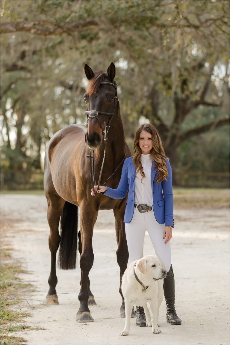 Ocala Florida show jumper rider and her bay mare and golden lab by Elizabeth Hay Photography