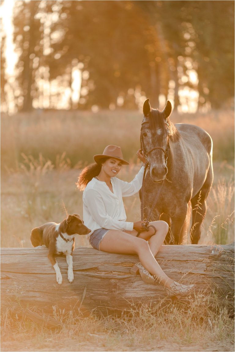 Taylor and her grey show jumper gelding Yonder with her border collie dog by California Equine Photographer, Elizabeth Hay Photography