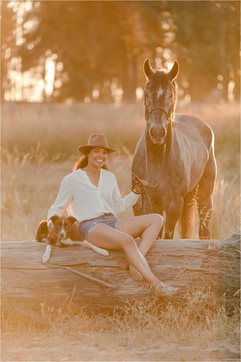 Taylor and her grey show jumper gelding Yonder with her border collie dog by California Equine Photographer, Elizabeth Hay Photography