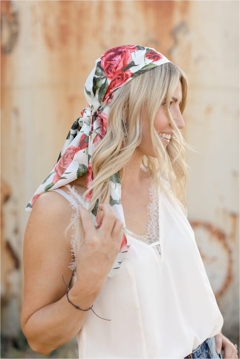 blonde woman wearing a rose print wild rag by Elizabeth Hay Photography