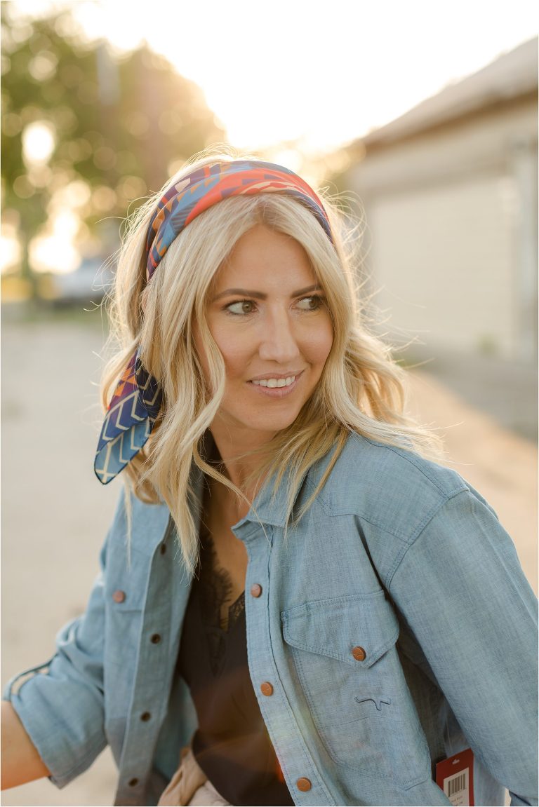 blonde woman wearing a tribal print wild rag by Elizabeth Hay Photography