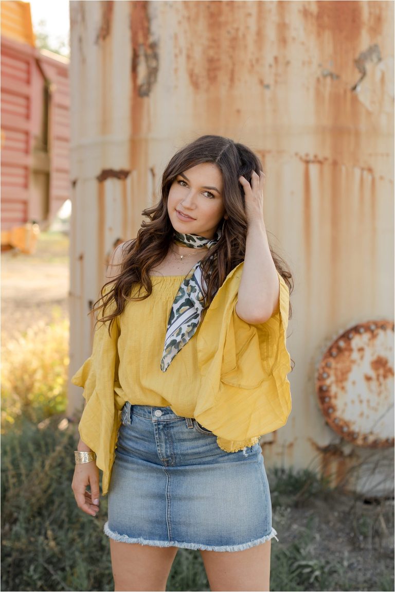 Cal Poly Senior modeling for Whipin Wild Rags wearing a yellow top by Elizabeth Hay Photography