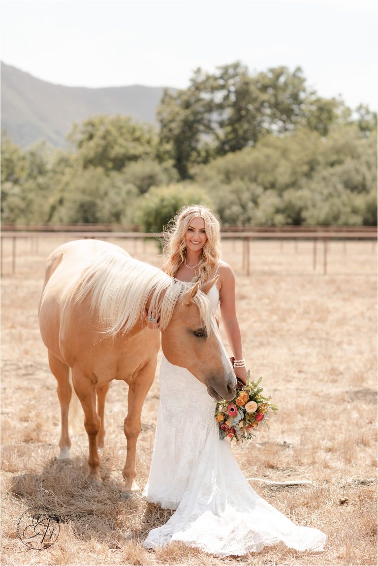 ranch bride and horse before her Morro Bay Ranch wedding by Elizabeth Hay Photography