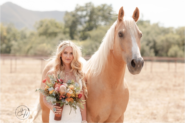 western bride and palomino horse before her Morro Bay Ranch wedding by Elizabeth Hay Photography