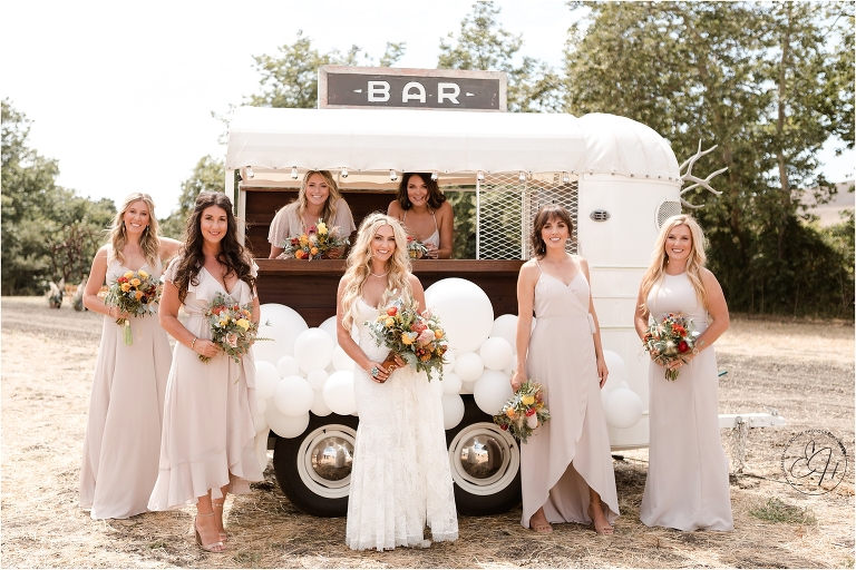western bride and bridesmaids with Tinker Tin bar cart for Morro Bay Ranch wedding