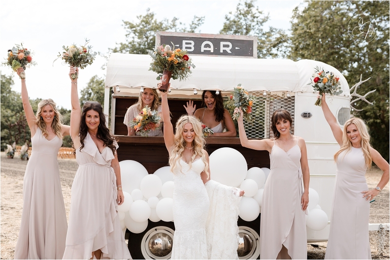 western bride and bridesmaids with Tinker Tin bar cart for Morro Bay Ranch wedding by Elizabeth Hay Photography