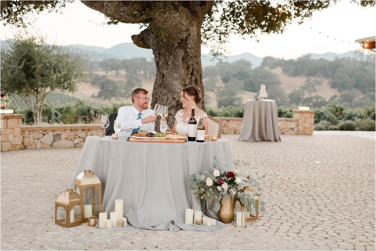 couple toasts with white wine during their California Winery wedding